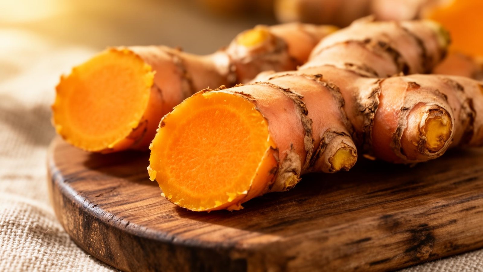 Racines de curcuma frais coupées, chair orange vif, sur planche en bois