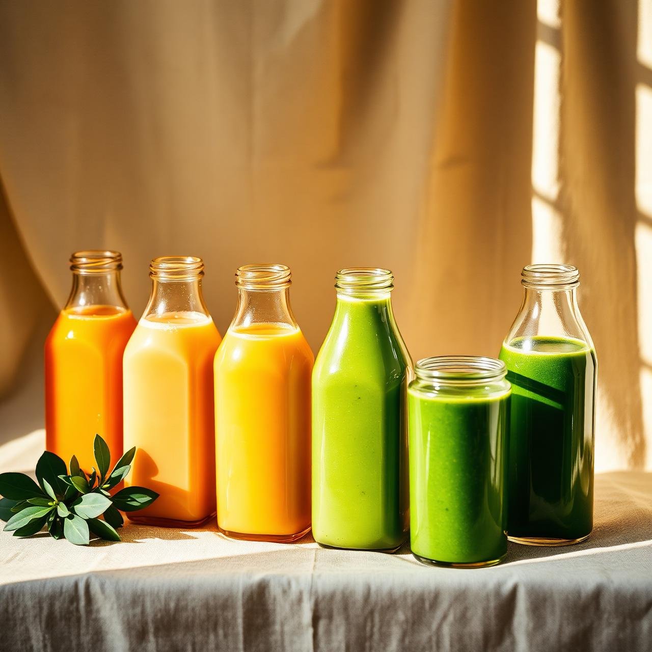 Jus et smoothies pressés, tons verts et dorés