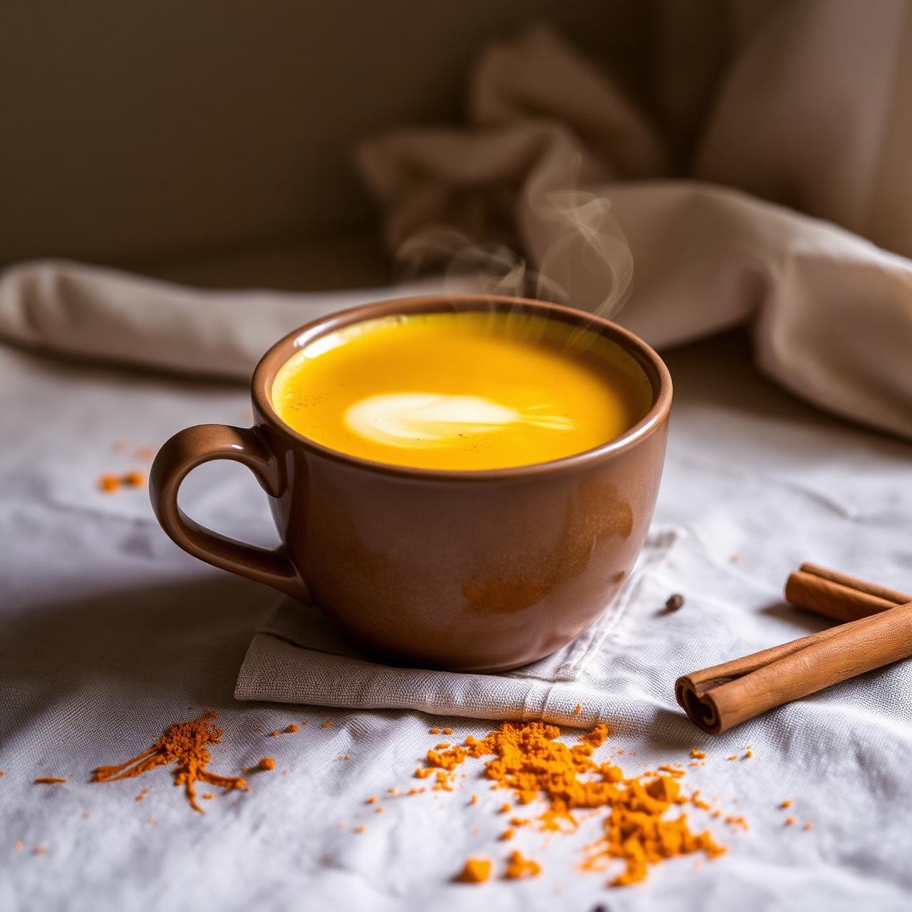 Lait d'or fumant dans une tasse en grès