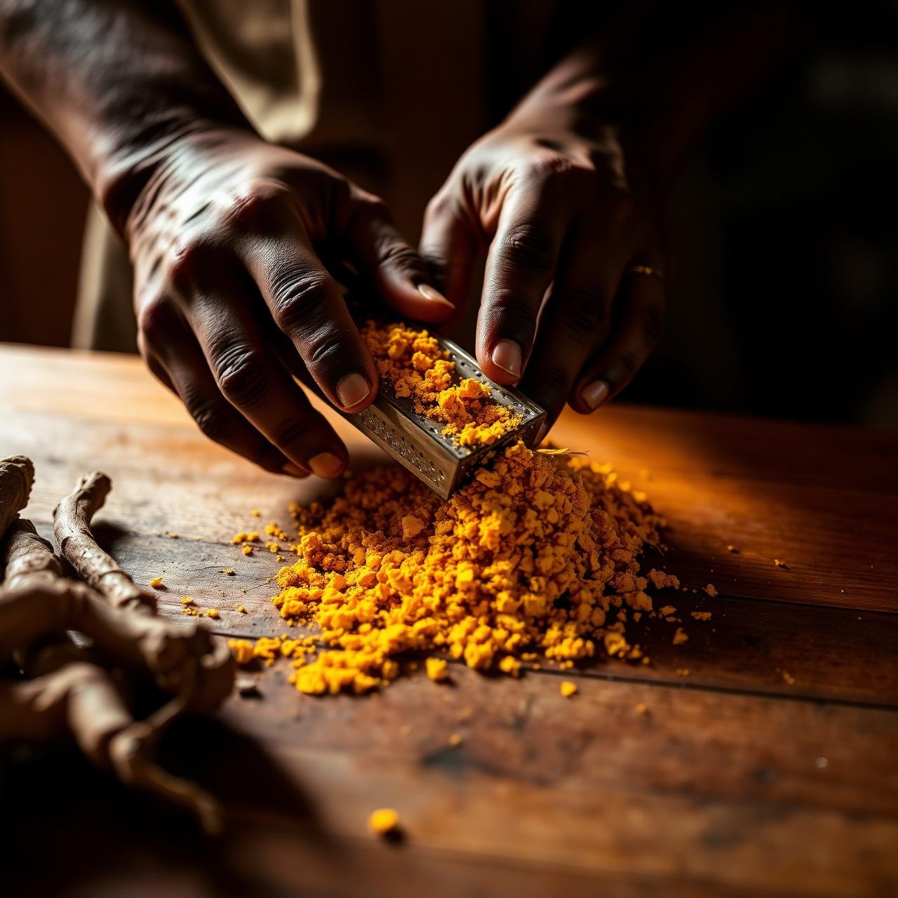 Mains de l'artisan en train de râper du curcuma frais