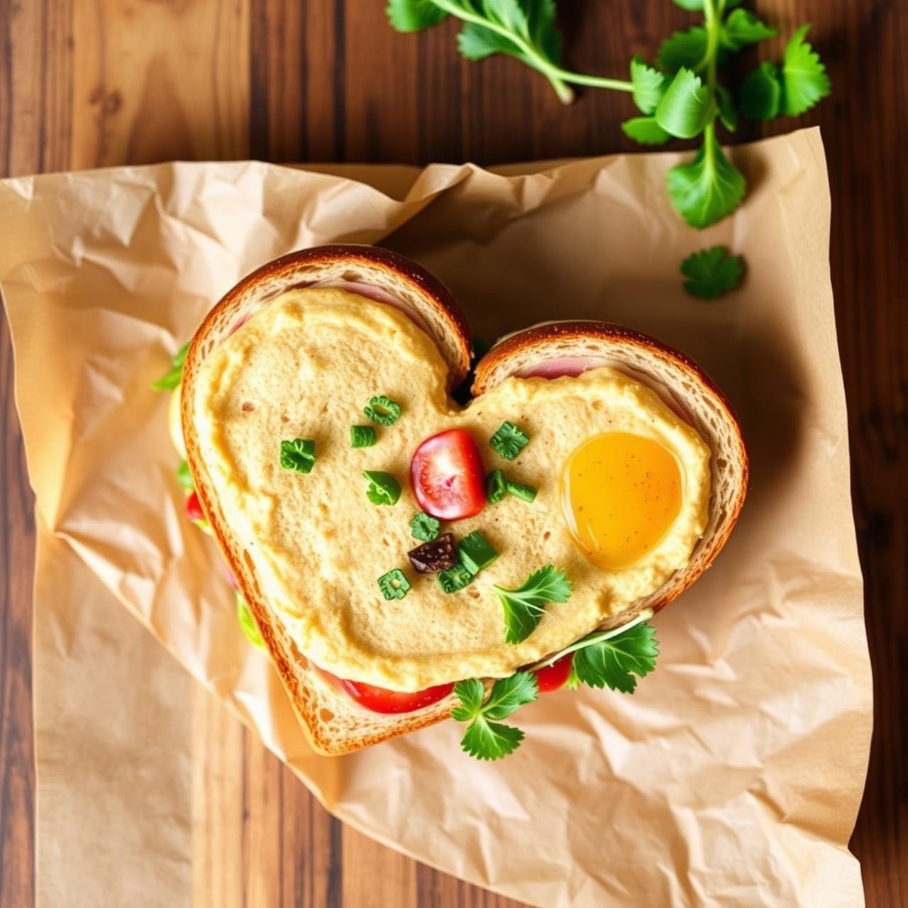 Sandwich cœur garni, vue du dessus sur papier kraft