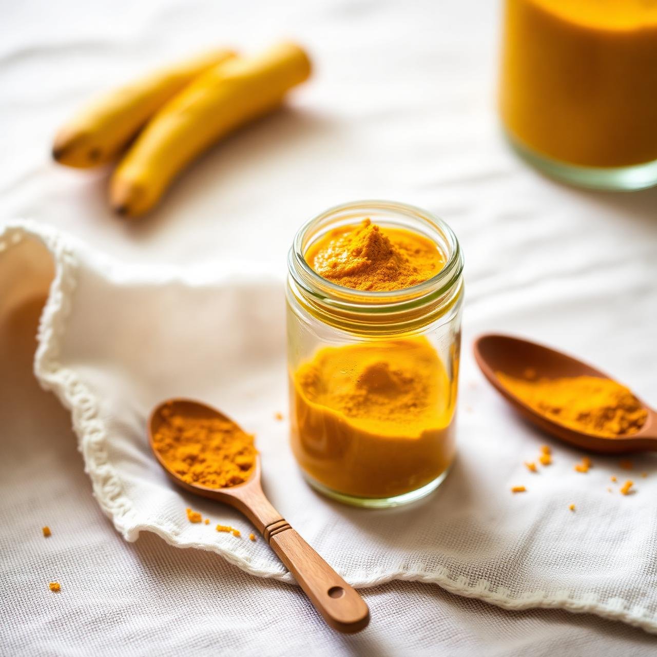 Pâte de curcuma dorée dans un petit pot en verre